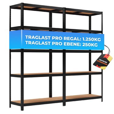 Високий міцний стелаж ALL Premium 180x90x40 см - Комплект з 2 шт. , Чорний, Вантажопідйомність 1250 кг, Міцний металевий стелаж для підвалу, Стелажі для зберігання та комори, Ідеальні стелажі для підвалів, підвалів та комор, 2 x 180x90x40 см, Чорний