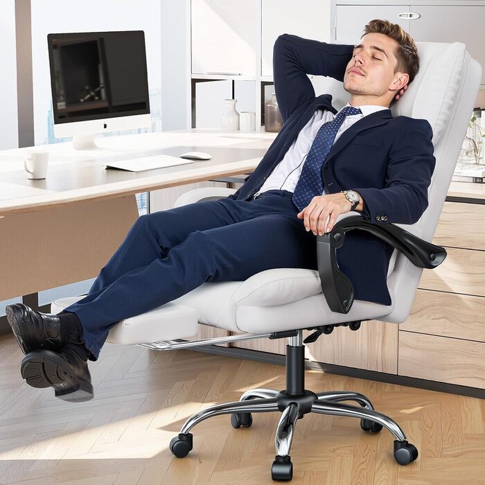 Офісне крісло naspaluro з підставкою для ніг, ергономічне робоче крісло, комп&39ютерне крісло зі штучної шкіри з м&39якими підлокітниками та м&39яким підголівником, функція нахилу, поворотне крісло з регулюванням висоти, білий колір, без підігріву