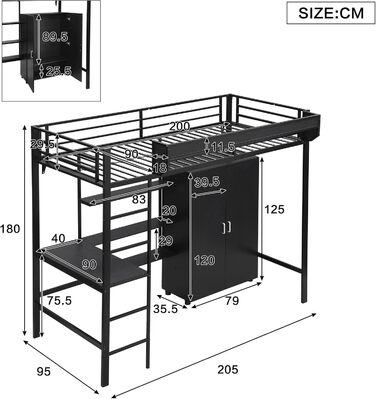 Ліжко-горище Merax 90x200 см з письмовим столом, шафою та полицею для зберігання, міцне металеве двоярусне ліжко з рейковою основою та захисними поручнями, компактне дитяче ліжко-горище, дитяче ліжко-горище, чорне 90 x 200 см, чорне - зі столом та шафою