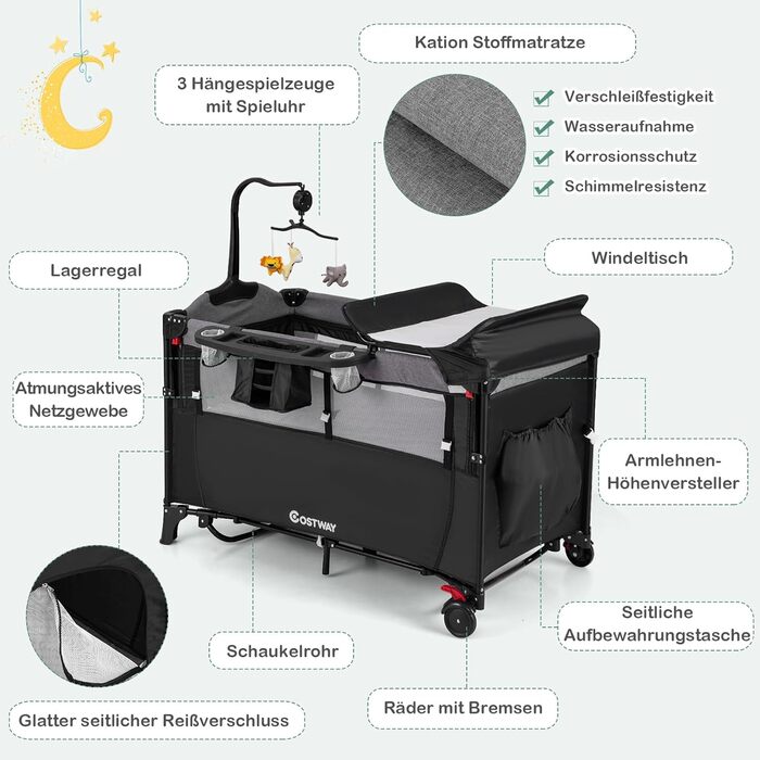 Дитяче ліжечко COSTWAY 5-в-1 120 x 60 см, 2-рівневе дорожнє ліжечко з матрацом, пеленальний килимок, іграшки, музична скринька та сумка для перенесення, складне бічне ліжко, мобільне, 4-рівневе регулювання для дітей вагою до 15 кг (чорне)