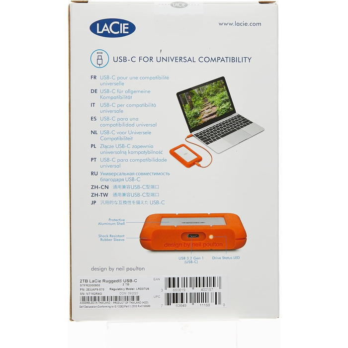 Зовнішній жорсткий диск LaCie Rugged USB-C 2TB Портативний жорсткий диск - сумісний з USB 3.0, стійкий до падінь, пилу та дощу, для Mac та ПК, настільний комп'ютер, робоча станція, ноутбук, 1 місяць Adobe CC (STFR2000800) 2TB HDD