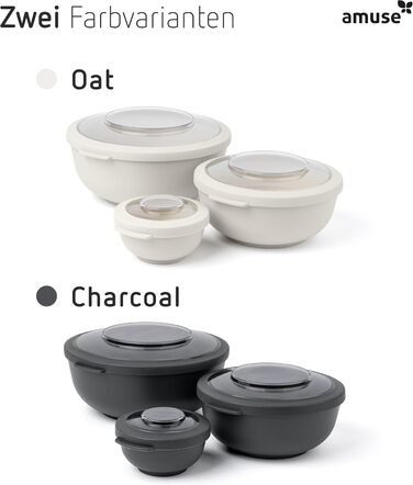 Набір з 3 мисок Amuse Tylla (200 мл, 1000 мл, 2000 мл) Герметичні контейнери для зберігання їжі з кришками для приготування їжі Контейнери для зберігання їжі без бісфенолу А для дітей та дорослих, можна мити в посудомийній машині Набір з 3 вугільних чашок