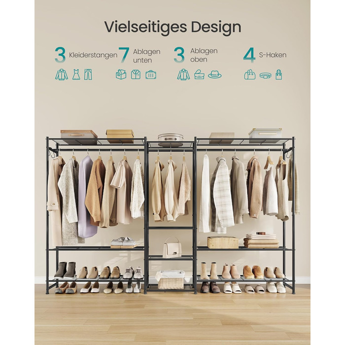 Вішалка для одягу SONGMICS, Відкрита шафа, Вішалка для пальто з 10 полицями, 3 вішалки для одягу, 4 S-подібних гачки, Металевий каркас, для спальні, вітальні, вхідної зони, Чорний LGR011BZ01 206.4W см