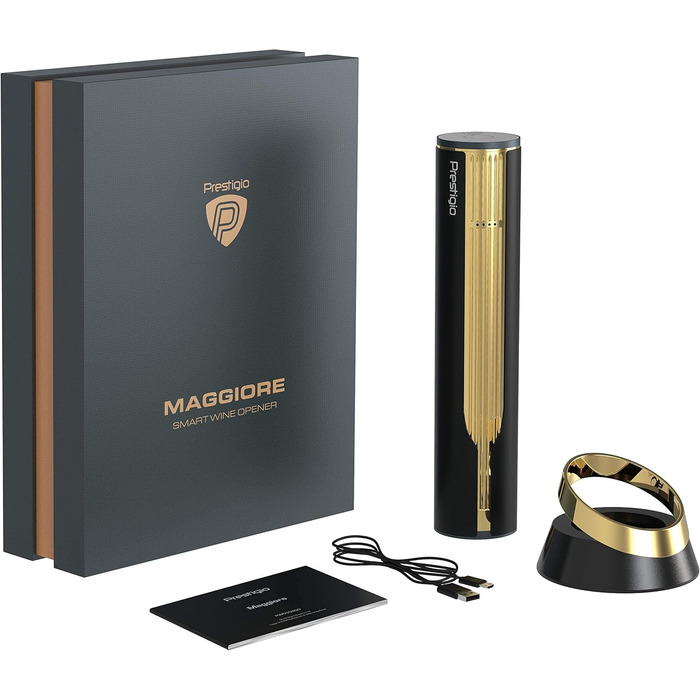 Електричний штопор Prestigio Maggiore - Відкривачка для винних пляшок преміум-класу з зарядною док-станцією - Вбудований різак для фольги - упакований у високоякісну подарункову коробку - Чорний/Золотий Maggiore - Багате золото