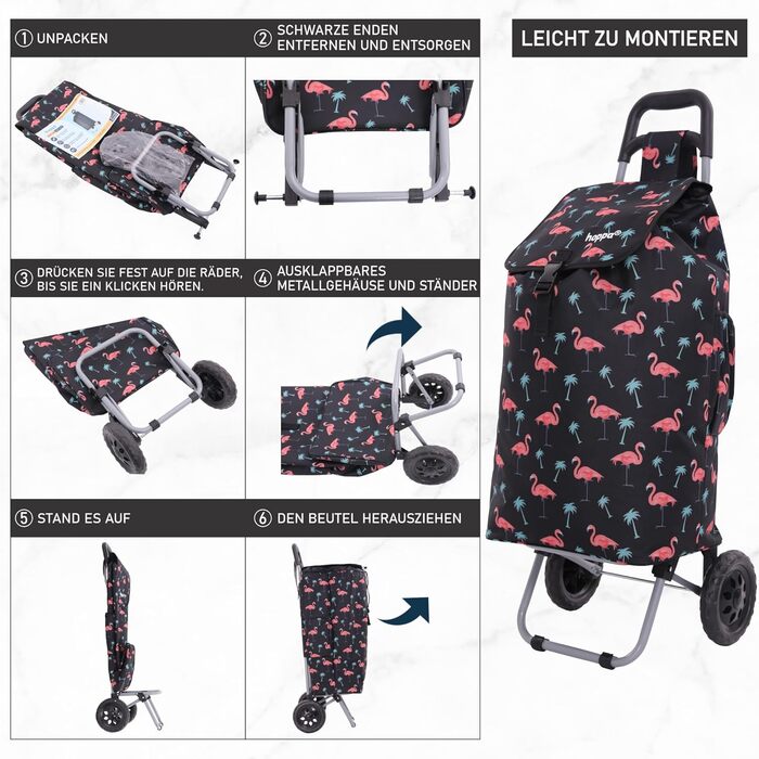 Візок для покупок Hoppa 57л, великий, водонепроникний (Чорні фламінго)