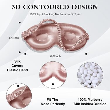 Шовкова маска для сну, 3D контурні чашечки, маска для сну і пов'язка, дихаюча і м'яка для сну, йоги, подорожей (темно-рожева), 22