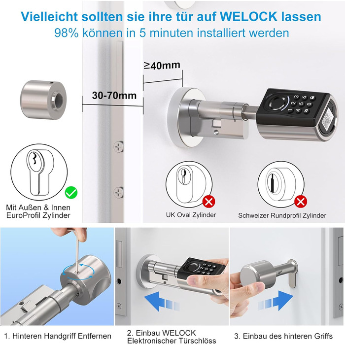 Дверний замок WELOCK ToucA51 із відбитками пальців, передні двері з кодовим замком із відбитками пальців, із додатком RFID-картки, дверний замок з електронним кодом, регульований запірний циліндр для дверей 3070 мм