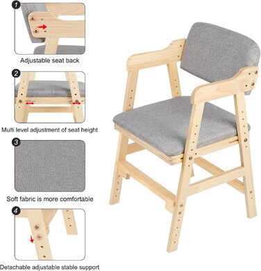 Обідній стілець OHMG зі спинкою та підлокітниками, сучасний кухонний стілець, крісло, дерев&39яний дитячий стільчик, крісло-реклайнер, стілець для вітальні, регульована спинка, базовий дитячий стільчик (1, сірий) 1 сірий