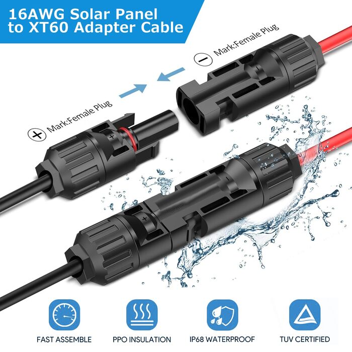 Сонячний зарядний кабель KFD, сонячний штекер до сонячного кабелю XT60i для портативної електростанції EF ECOFLOW DELTA 2 Max DELTA 3 Plus RIVER 2 MAX Anker SOLIX C300 DJI Power 1000 16AWG подовжувач, зарядний кабель
