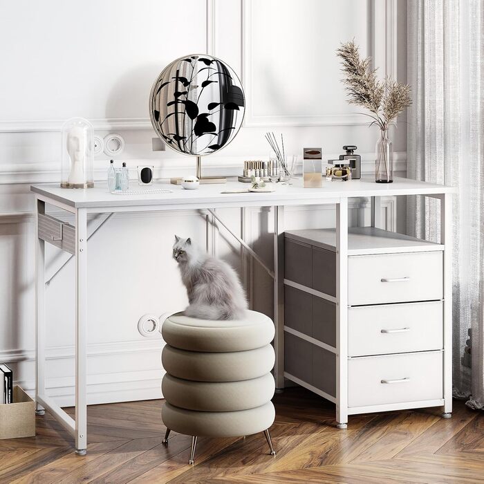 Письмовий стіл ODK з 3 тканинними шухлядами, 120x48x75,5 см, Комп&39ютерний стіл з 2 розетками та USB-портами, Двосторонній ПК-стіл, Офісний стіл для домашнього офісу, Білий 120x48x75,5 см Білий