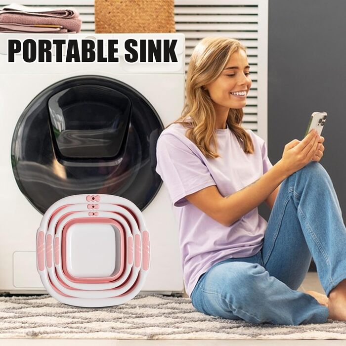 Складаний умивальник - Миска Портативна ванна для миття обличчя, одягу, ніг, замочування, кемпінгу, прання, рожева
