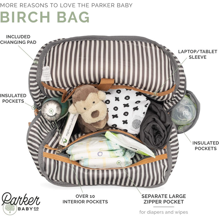 Пеленальний рюкзак Parker - велика пеленальна сумка з ізольованими кишенями, ременями для коляски та пеленальним килимком - 'Birch