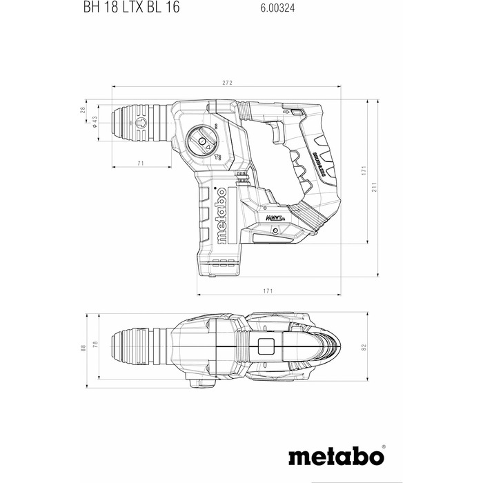 Акумуляторний перфоратор Metabo BH 18 LTX BL 16 - 600324500 - 18 В - Перфоратор з безщітковим двигуном для довбання та свердління - У комплекті з акумулятором та зарядним пристроєм