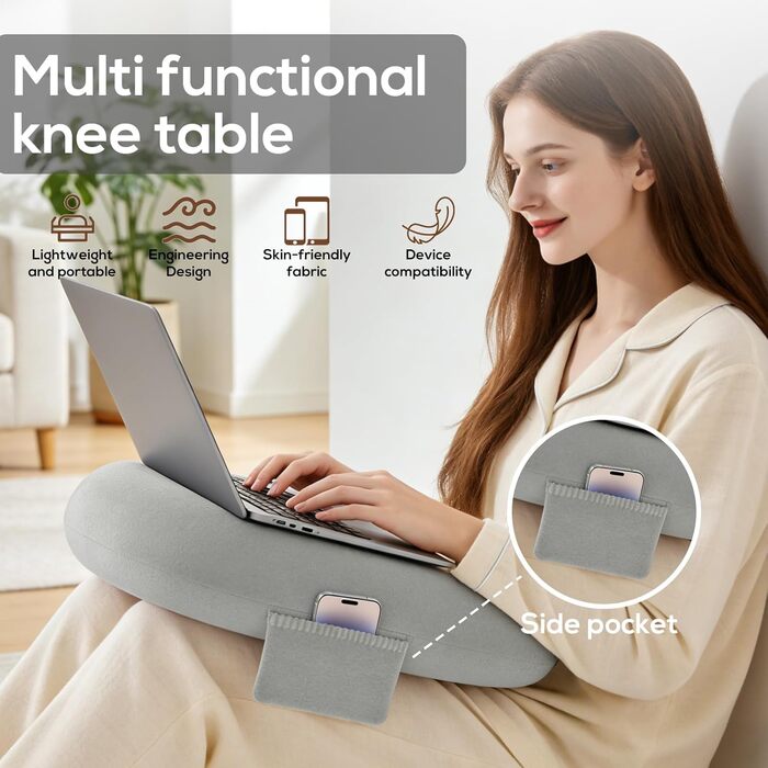 Подушка для ігор та читання з боковими кишенями для зберігання подушка для колін для дорослих, губчаста ігрова подушка для читання на колінах для сидіння на ліжку/дивані/підлозі (сіра)