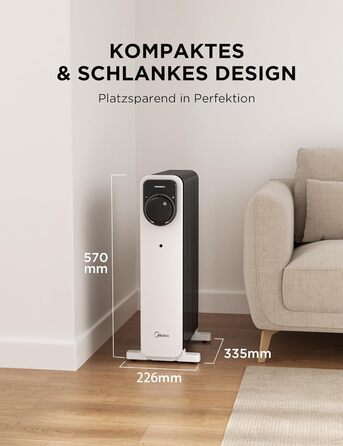 Масляний радіатор Midea, портативний електричний обігрівач потужністю 2000 Вт з 9 ребрами, поворотною ручкою керування та регульованим термостатом, 3 режими нагріву, захист від перекидання та перегріву, надзвичайно тихий для офісу та дому 9 ребер Поворотн