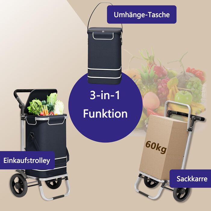 Великий візок для покупок 64л, складаний візок-сумка на колесах, вантажопідйомність до 60кг, візок з термовідсіком, візок з відбивачем, ручний візок з чіпом для покупок, Чорний