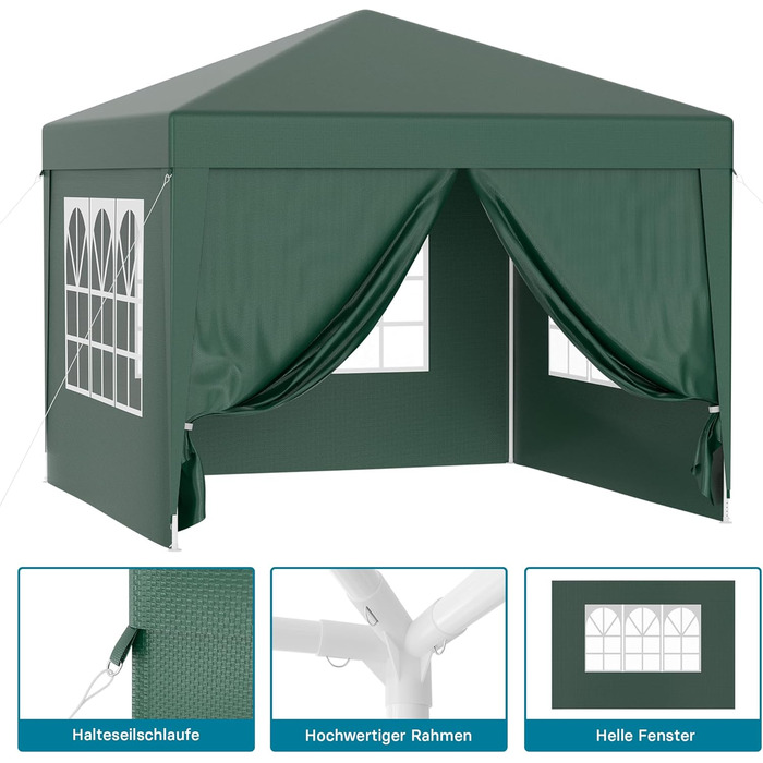 Павільйон Wiltec 3 x 3 м зеленого кольору з УФ-захистом 50, садовий павільйон зі знімними бортами, намет для вечірок з вікнами, наприклад, для тераси та фестивалю