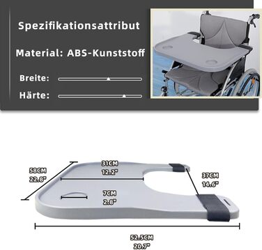 Лоток для інвалідного візка складний, лоток для столу для інвалідного візка знімний, лоток для інвалідного візка з двома пазами для чашок, для користувачів крісел колісних для читання, письма, роботи, 58 x 50,2 см, сріблясто-сірий