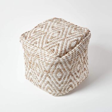 Пуф Homescapes Sierra 40x40 см, ручної роботи з етнічним візерунком у натуральному та білому кольорах, пуф для ніг з джуту та бавовни з наповнювачем у формі мішка 40Г x 40Ш x 40В см
