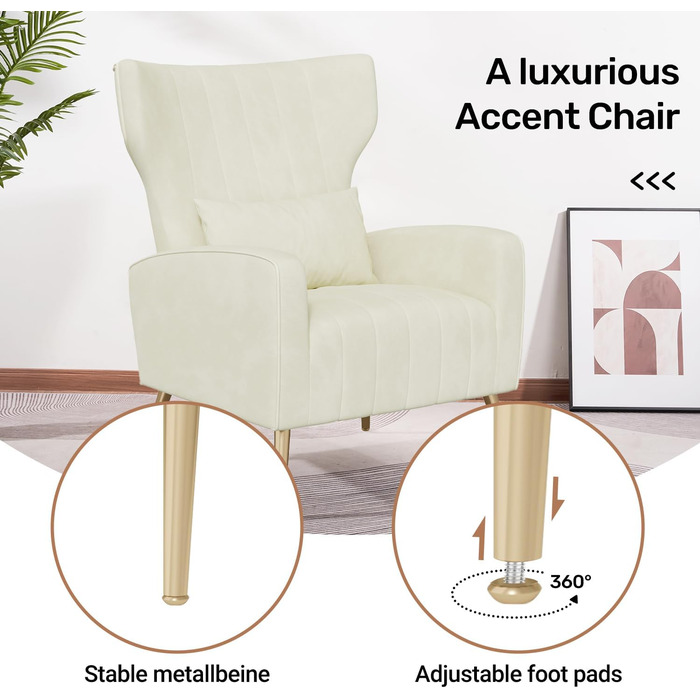 Крісло-рекордер/односпальний диван/крісло під телевізор/крісло-підголовник з підголівником та золотистими металевими ніжками, оксамит, до 130 кг, спальня, вітальня, бежевий, комплект з