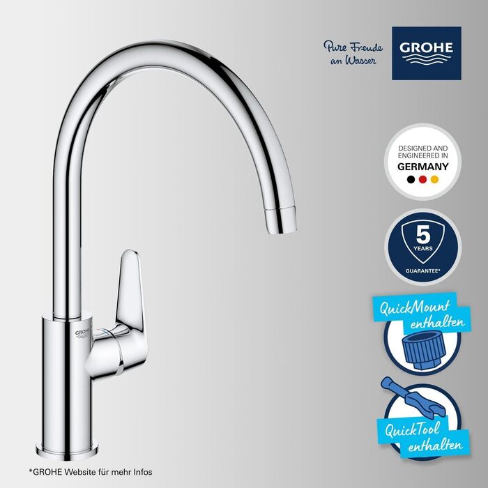 Кухонний змішувач GROHE StartCurve (поворотний на 360, економія води, монтаж без інструментів), хром, 31554001