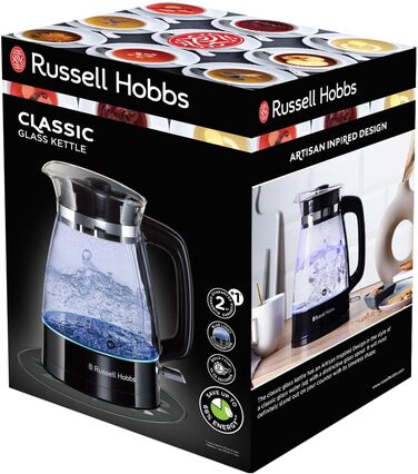 Чайник Russell Hobbs 1,7 л, 2400 Вт, оптимізований скляний вилив, світлодіодне освітлення Класичний дизайн (скороварка, знімна кришка, фільтр від накипу, основа з нержавіючої сталі)26080-70