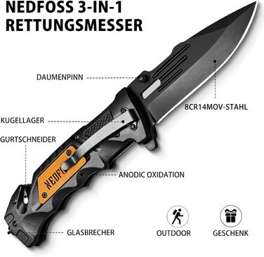 Рятувальний ніж NedFoss DA75, 10-сантиметровий складаний ніж з різаком для ременя та склорізом, кишеньковий ніж з фіксатором на пі