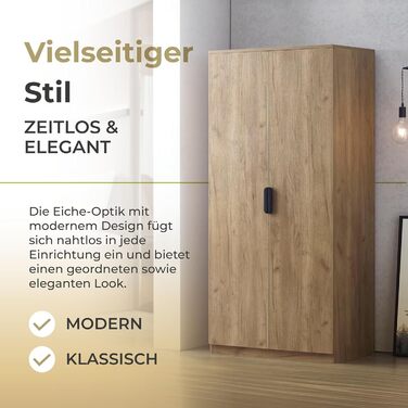 Шафа Eiselfing, 2-дверна шафа, 176 x 80 x 52 см, Шафа для спальні, 1 вішалка для одягу, 4 полиці, під дуб, дуб, 176 x 80 x 52 см - 4 полиці