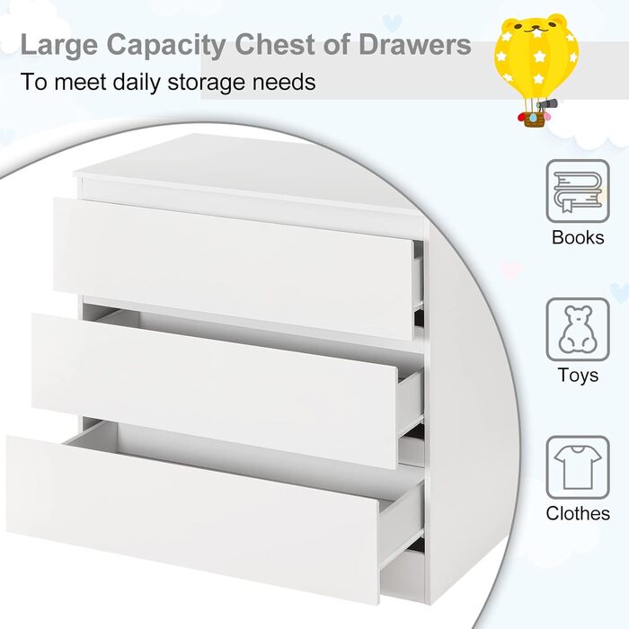 Пеленальний столик WOLTU з пеленальною стільницею, комод з 3 шухлядами, пеленальний столик з тихими металевими напрямними та захистом від перекидання, 86 см для поперекової підтримки, білий