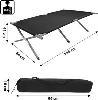 Складане похідне ліжко BB Sport 190 x 64 x 41 см, міцне, кемпінгове ліжко, вантажопідйомність 180 кг, портативне, зручне, дорожнє ліжко, сталева труба, тканина Оксфорд 600D, сумка для перенесення, гостьове ліжко, складне, чорного кольору
