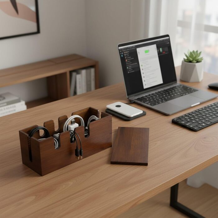 Дерев&39яна коробка для зберігання кабелів з відкритою конструкцією для організації проводів, телевізійних приставок та невеликих електронних пристроїв вдома або в офісі (темно-коричнева)