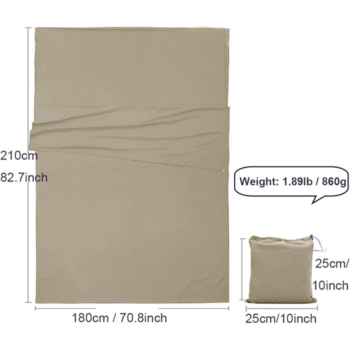 Вкладиш для спального мішка, літній спальний мішок, дорожній спальний мішок, тонкий, легкий та компактний, ідеально підходить для хостелів, гірських хатин, молодіжних хостелів, кемпінгу, активного відпочинку тощо, коричневий, розмір L (210*180 см)