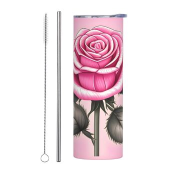 Кухоль з прямою трубочкою, красиві рожеві троянди, принт, дорожній кухоль, підходить для кемпінгу, офісу та дому, 590 мл