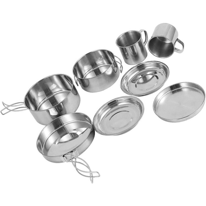 Набір посуду з нержавіючої сталі 8 предметів для кемпінгу та відпочинку на природі, портативний набір мисок та тарілок для пікніка Легкий кухонний набір з харчової нержавіючої сталі для піших прогулянок, подорожей з рюкзаком, подорожей та барбекю