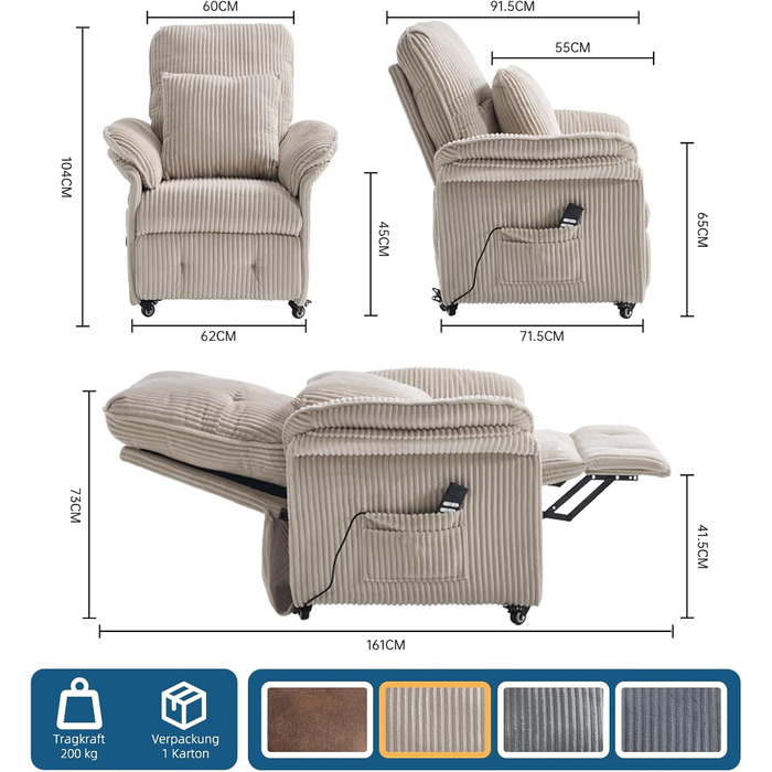 Моторне електричне крісло-реклайнер, крісло для телевізора з функцією відкидання, крісло для телевізора у вітальні з колесами, регульована спинка та підставка для ніг, 2 бічні кишені, вельветовий диван, бежевий, 2-