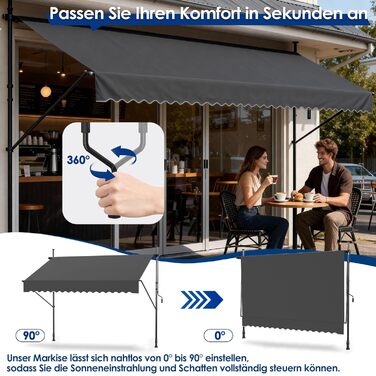 Тентовий тент із затискачем та кривошипом, шириною 350 см - Балконний тент без свердління, регульований, із захистом від ультрафіолету, захистом від сонця, водонепроникний, темно-сірий (3,50 x 1,20 м, темно-сірий) 3,50 x 1,20 м темно-сірий