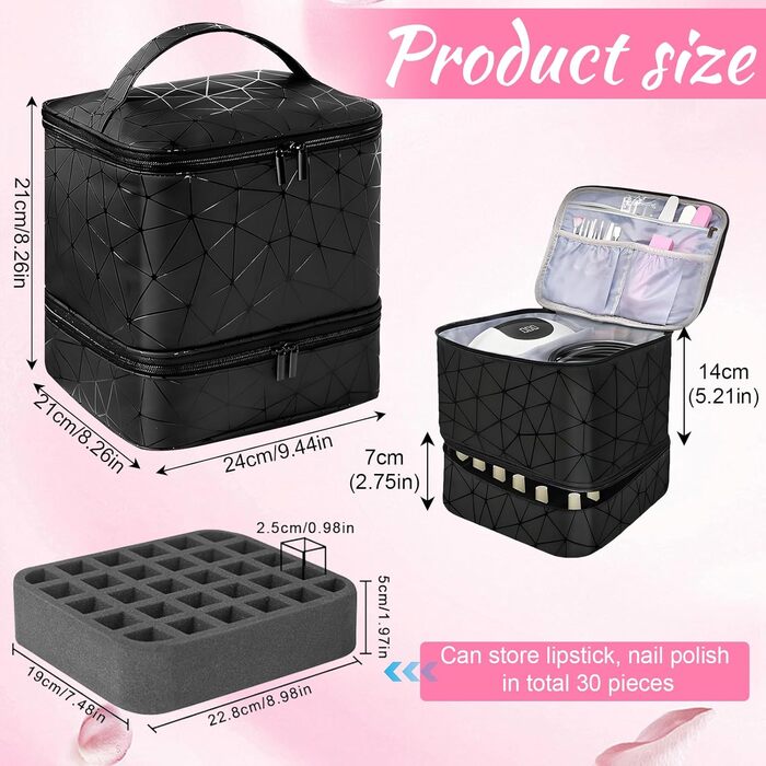 Портативна сумка для зберігання лаку для нігтів HA BIN, двошарова сумка-органайзер для лаку для нігтів на 30 пляшечок 1 лампа, водонепроникна з відділеннями, косметичка для подорожей, чорна