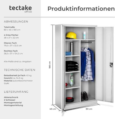 Картотечна шафа Tectake, шафка-купе, багатофункціональна шафа, гардеробна з вішалкою для одягу, побутова шафа з 6 відділеннями, картотечна шафа, що замикається, вкл. полиці, 180x80x40см сірий 180 x 80 x 40см Сірий