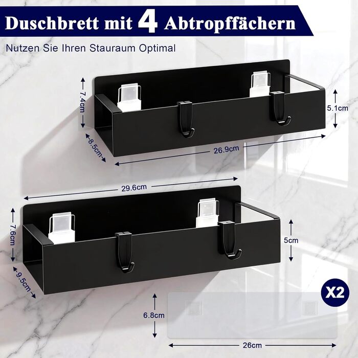 Полиці для душу без свердління, чорні, водостійкий органайзер для ванної кімнати, полиця для шампуню та гелю для душу, кошик для душу з матового чорного металу з тримачем та 4 гачками, 2