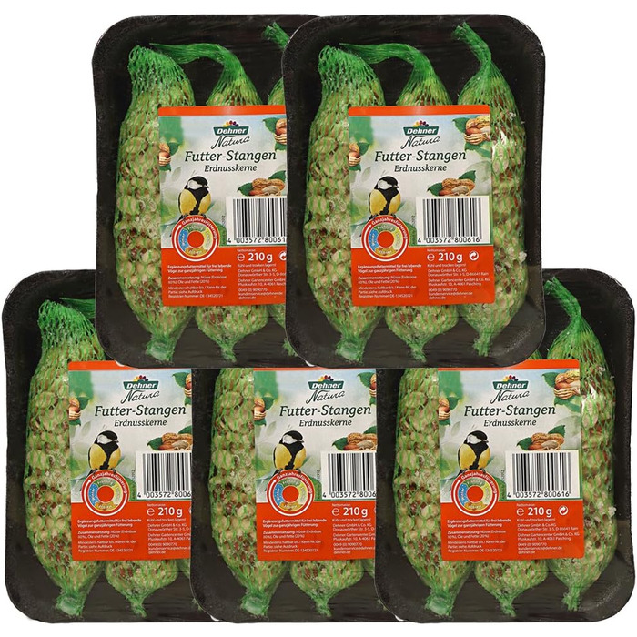 Корм для диких птахів Dehner Natura Premium Wild Bird Food, палички для годування з насінням соняшнику, високоякісний корм для диких птахів, 5 x 3 шт. и (1050 г)