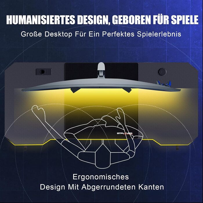 Ігровий стіл GTPLAYER, Ігровий стіл 120 x 60, ПК, ігровий стіл з розеткою, міцний комп&39ютерний стіл з гачком для навушників та штекером