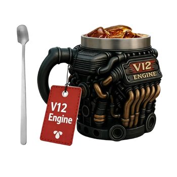 Кавова кружка, 300 мл, V12, нержавіюча сталь, двостінна, реалістичний дизайн, кавова кружка з мотивом двигуна для зими, балкону, двору, використання на вулиці, саду, пікніка, кемпінгу, вечірки, віскі
