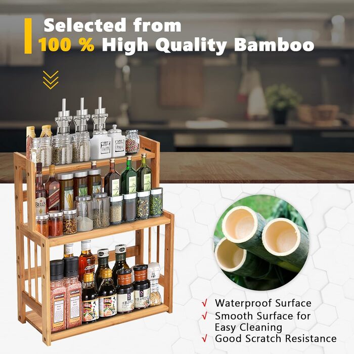 Бамбукова підставка для спецій GIANTEX, 3 яруси, кутовий органайзер для кухонних полиць, підставка для спецій з натурального дерева, кухонна підставка для спецій, стояча кухонна полиця, система кухонних полиць, органайзер для спецій, кухонний органайзер