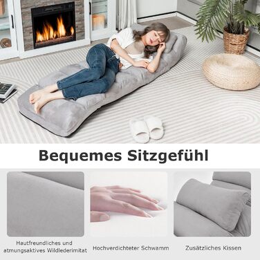 Складаний реклайнер, підлогове крісло з регульованою спинкою, шезлонг з функцією сну, підлоговий диван, підлогове крісло для ігор, сну, читання, сірий