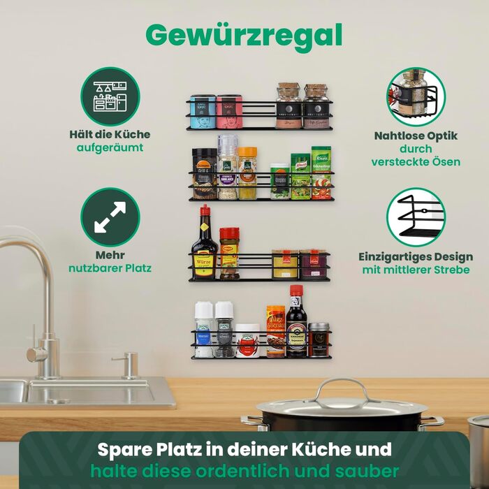 Металеві підставки для спецій - 4 шт. и - можна кріпити без свердління - для спецій, як вкладиш у шафу або органайзер - розмір 32,2 x 6,5 x 7,4 см (матово-чорні)