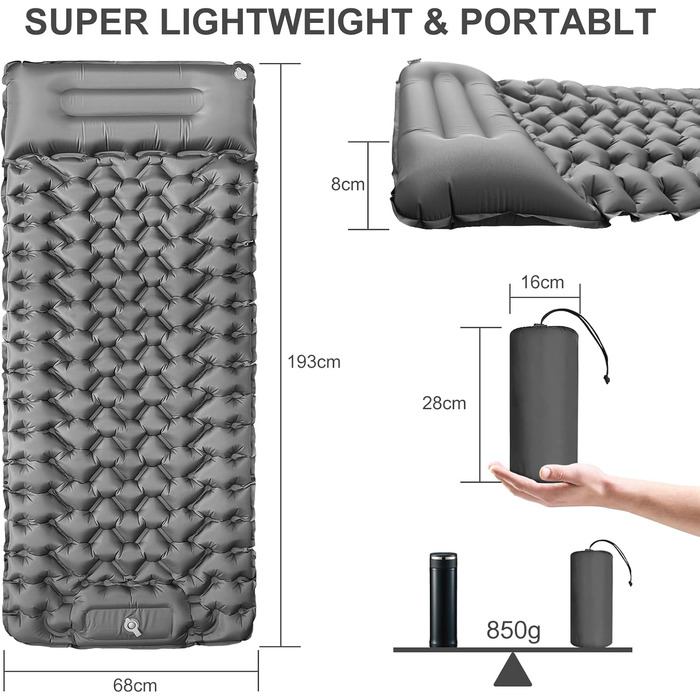 Килимок для сну YOUXIU, надувний матрац для кемпінгу з вбудованою подушкою та насосом для ніг, килимок для кемпінгу на відкритому повітрі для походів, пляжу, подорожей, наметів