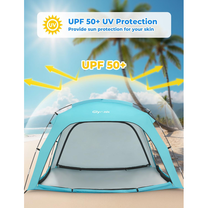 Пляжний намет Glymnis Beach Shelter з 4 дверима на блискавці та сітчастими дверима, захист від ультрафіолету UPF50, вітронепроникний, невеликий розмір у упаковці, пляжний намет для 3-4 осіб, синій
