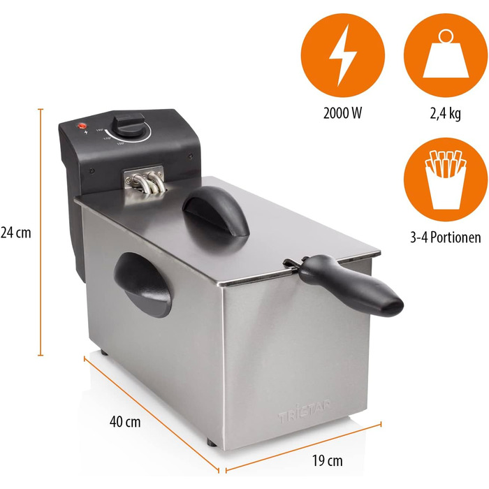 Фритюрниця Tristar - 2000 Вт, 3 літри, термостат, холодна зона, 3-4 особи, FR-6935, металік