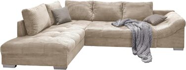 Гарний кутовий диван з вельвету з функцією сну, хвилеподібна пружинна підвіска, зручний L-подібний диван Ш298/Г202/В84 см, шезлонг зліва, диван з бежевою вельветовою тканиною, 2 декоративні подушки сірого кольору / 17204