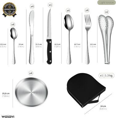 Предметний набір посуду для кемпінгу на 4 особи Набір столових приборів з виделками, ножами та ложками з нержавіючої сталі Портативні столові прибори для активного відпочинку, пікніків та барбекю. (Включає 4 чайні ложки) (Полегшена версія) Полегшена версі